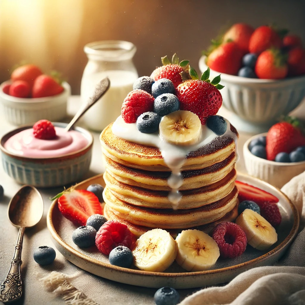 DALL·E 2024-07-11 17.02.51 - A cozy breakfast setup featuring banana pancakes stacked on a plate, drizzled with yogurt and topped with an assortment of fresh berries such as straw.jpg